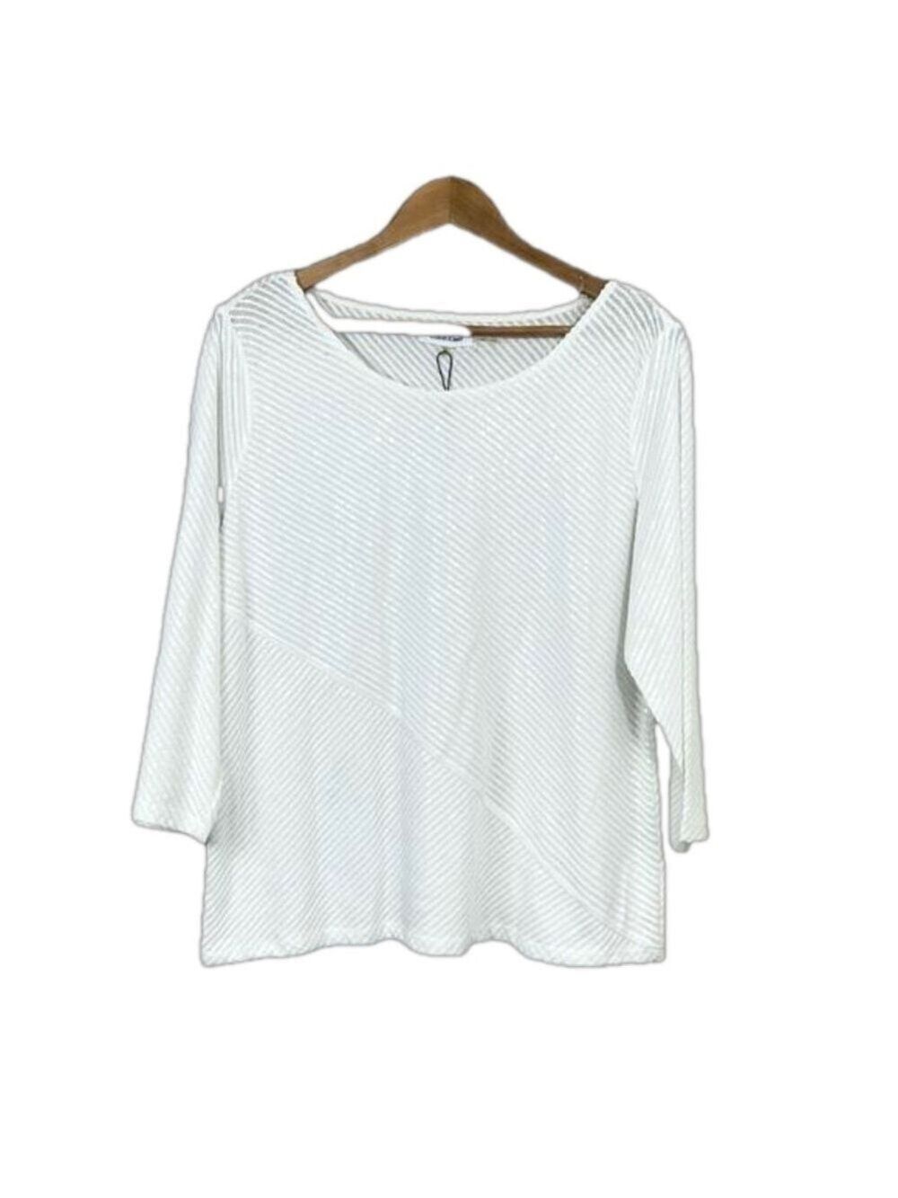 CALVIN KLEIN Women's White 3/4 Sleeve Crewneck Sequin Pullover Top XL Holiday